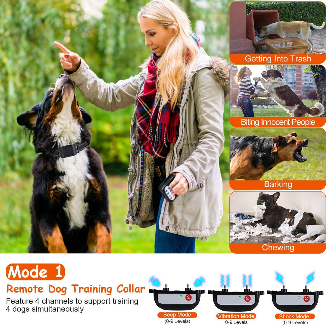 990FT Range Dog Wireless Fence Remote Training Collar IPX6 Waterproof Receiver with 0-9 Levels Beep Vibration Shock Mode 4 Channels Rechargeable Transmitter System