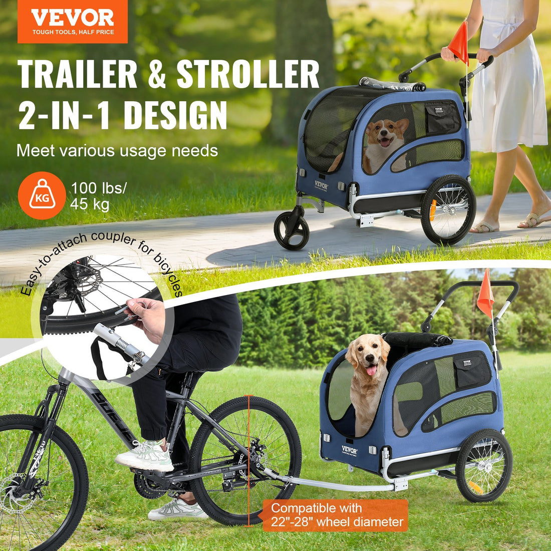 VEVOR Dog Bike Trailer, Supports up to 100 lbs, 2-in-1 Pet Stroller Cart Bicycle Carrier, Easy Folding Cart Frame with Quick Release Wheels, Universal Bicycle Coupler, Reflectors, Flag, Blue/Black