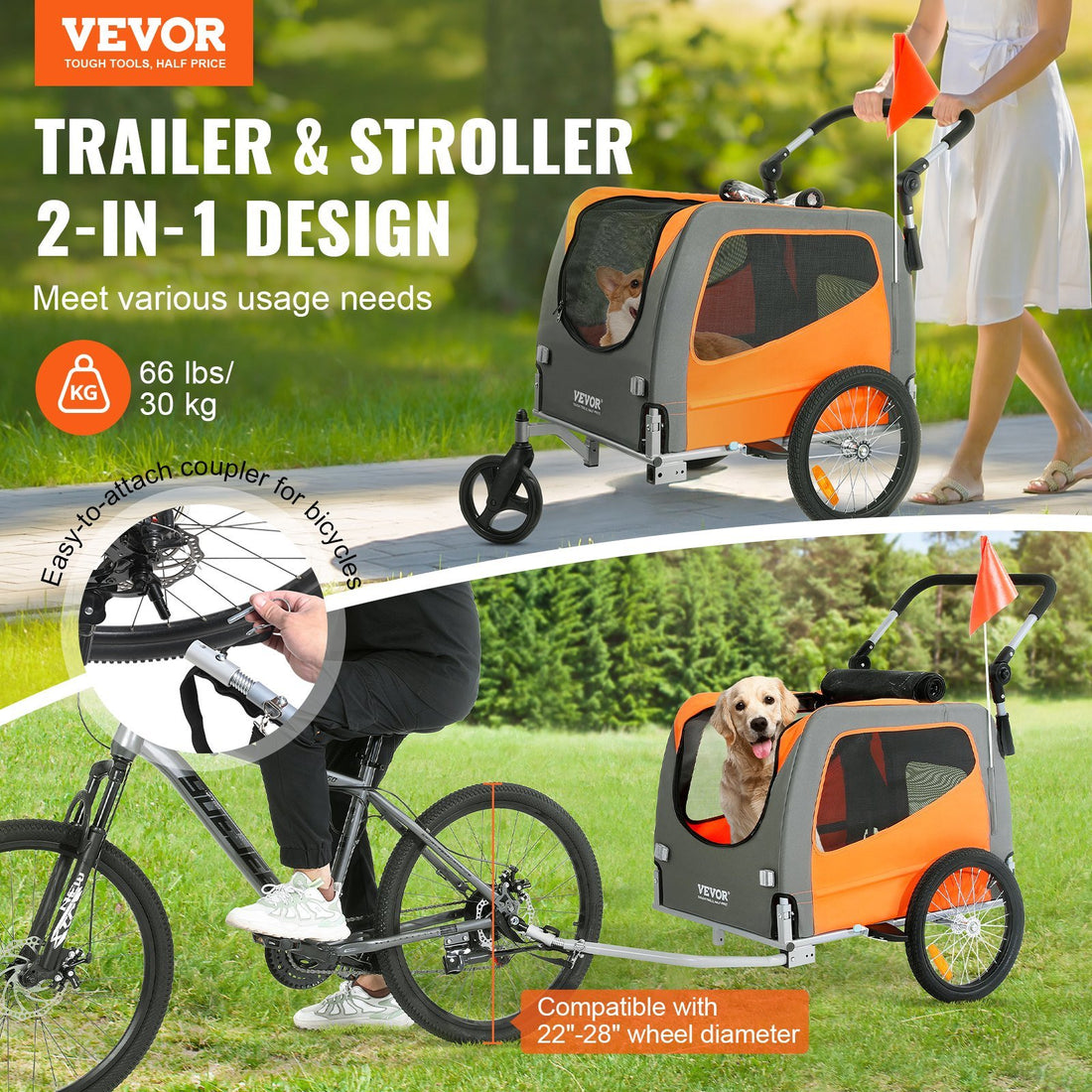 VEVOR Dog Bike Trailer, Supports up to 66 lbs, 2-in-1 Pet Stroller Cart Bicycle Carrier, Easy Folding Cart Frame with Quick Release Wheels, Universal Bicycle Coupler, Reflectors, Flag, Orange/Gray