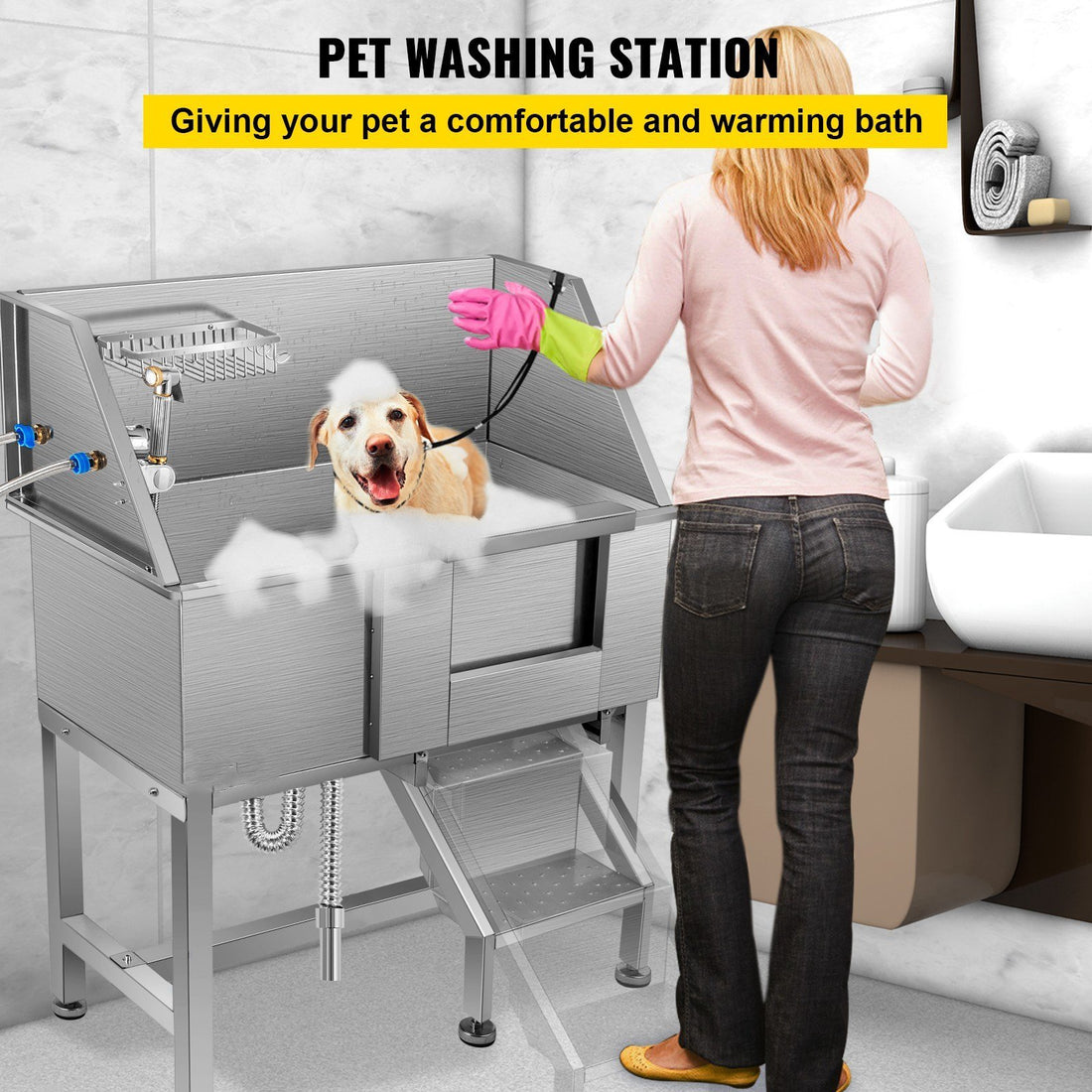 VEVOR Pet Grooming Tub, Stainless Steel Dog Wash Station Pet Washing Station 34" Dog Washing Station Water-Resistant Grooming Tub for Dogs with Removable Door & Ladder on The Right