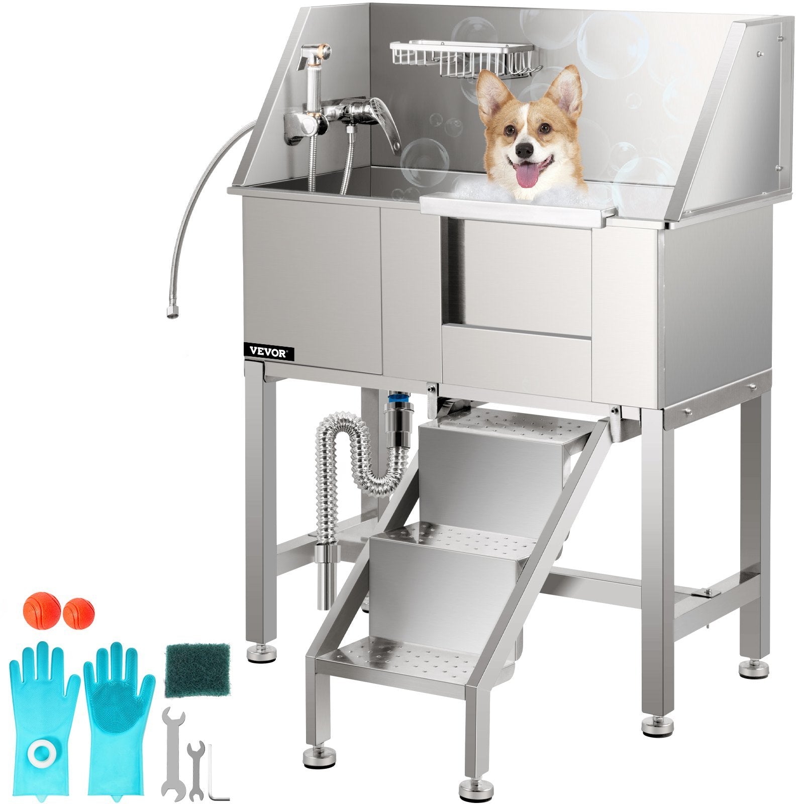 VEVOR Pet Grooming Tub, Stainless Steel Dog Wash Station Pet Washing Station 34" Dog Washing Station Water-Resistant Grooming Tub for Dogs with Removable Door & Ladder on The Right