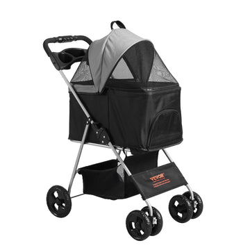 VEVOR Pet Stroller, 4 Wheels Dog Stroller Rotate with Brakes, 35lbs Weight Capacity, Puppy Stroller with Detachable Carrier, Storage Basket and Cup Holder, for Dogs and Cats Travel, Black+Dark Grey