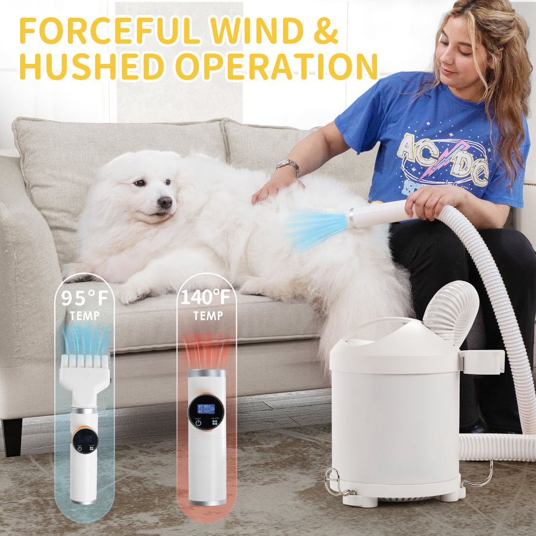 1600W Pet Hair Smart Dryer Blower, Intelligent Dog Grooming Quiet Drying Blower with 4 Different Nozzles and 1 Hose, 4-in-1 Pet Blower Groomer Suitable for Most Dogs and Cats, White