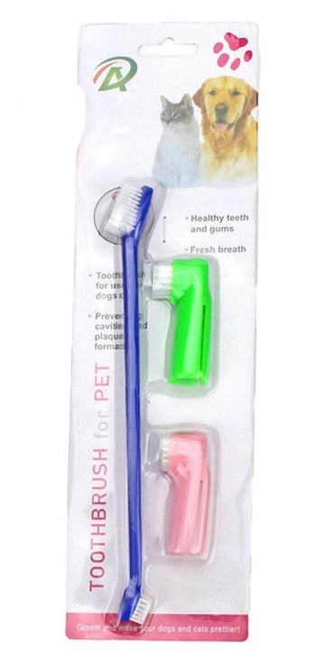 Two Headed Dog Toothbrush Set Canine Dental Hygiene Brush with 2 Finger Brushes Soft Bristles